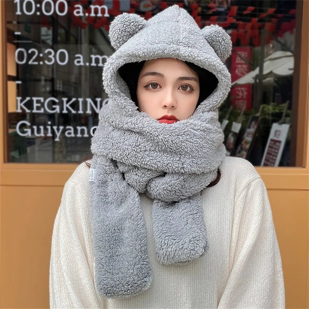 Winter Lamb Wool Cute Bear Ear Hat Scarf Gloves Set Women Caps in USA