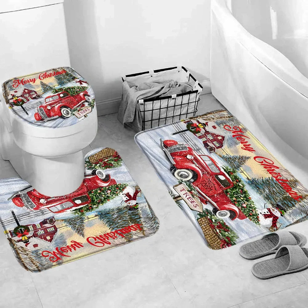 Christmas Bathroom Sets with Shower Curtain Rugs Red Truck in USA.