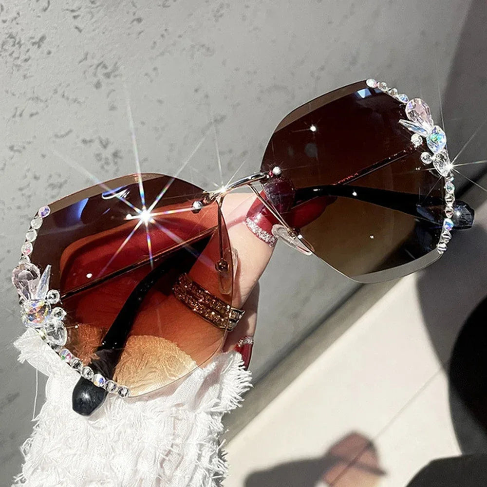 Luxury Brand Design Vintage Rimless Rhinestone Sunglasses Women in USA