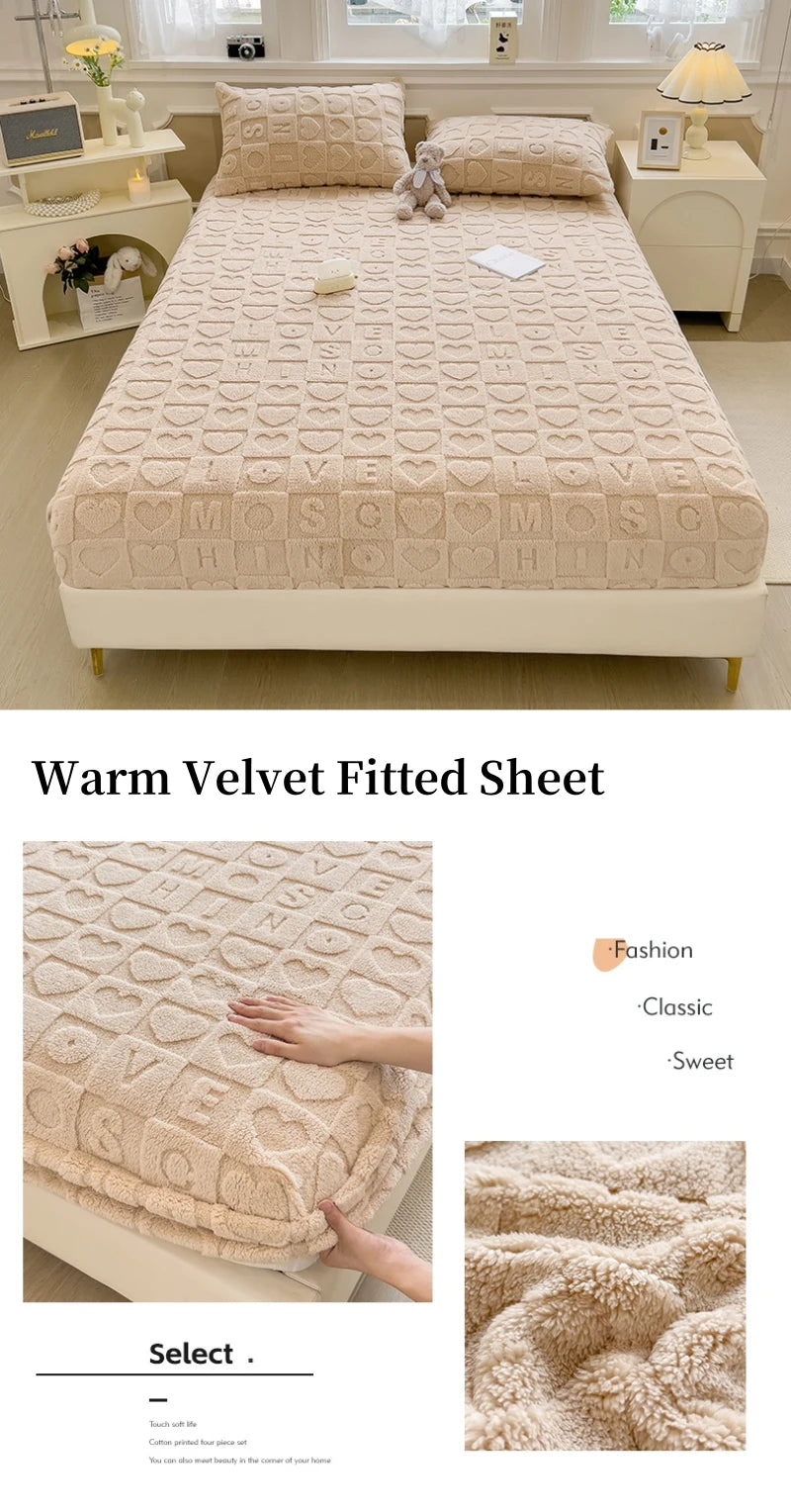 Warm Velvet Fitted Bed Sheet Elastic Band Heart Mattress in USA