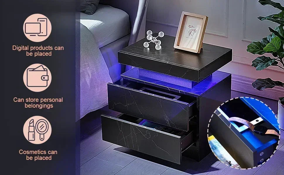 Side Bed Table With LED Light Bedside Tables Bedroom IN USA.