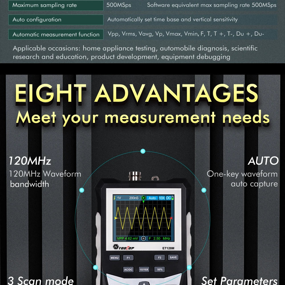 TOOLTOP ET120M 120MHz Handheld Digital Oscilloscope 1Mhz Square Wave S