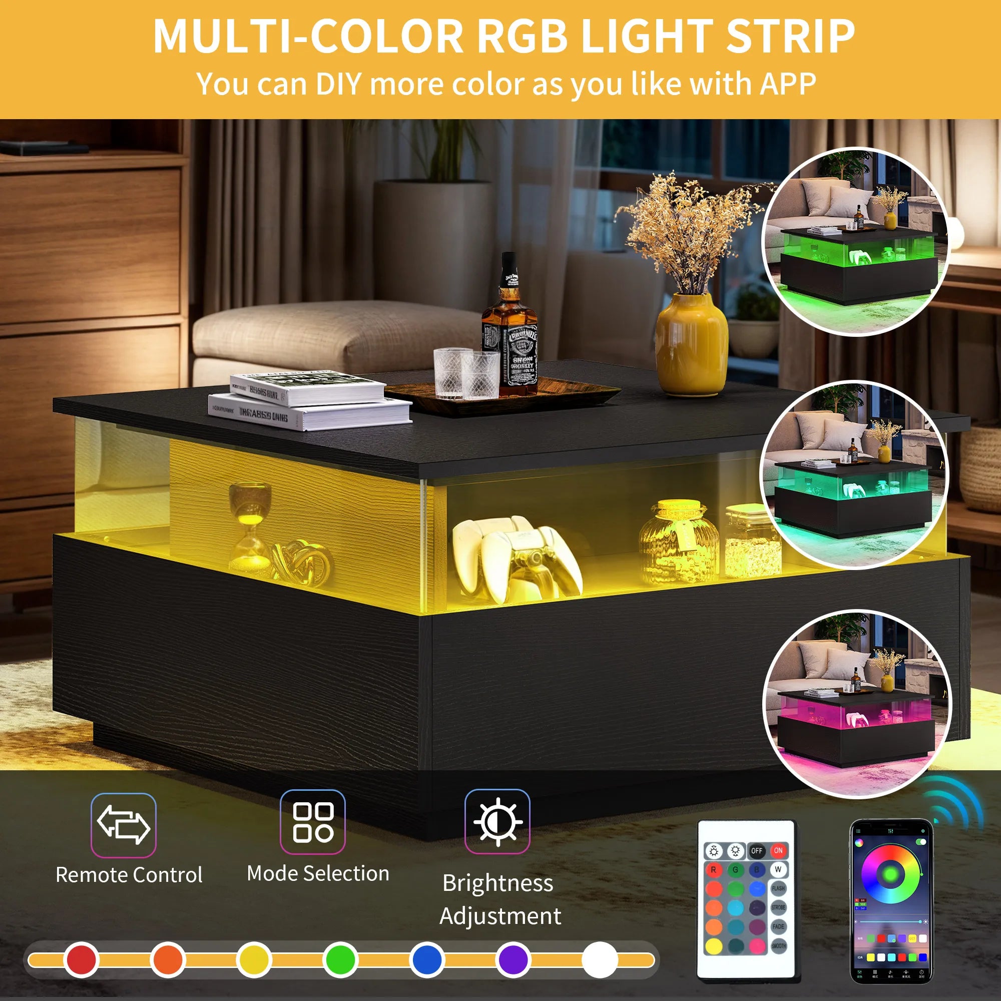 Square LED Coffee Table Drawers Acrylic Living Room IN USA.