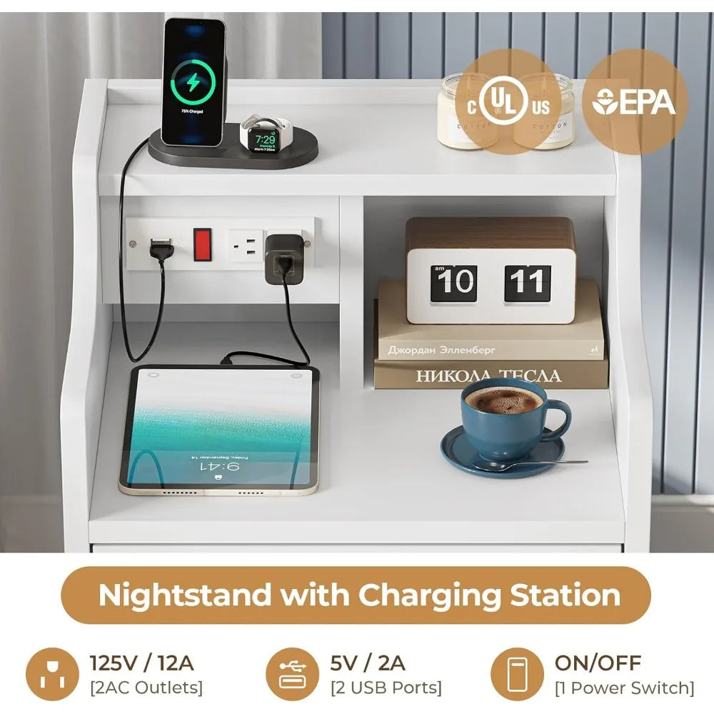 Nightstand Charging Station, Stand Hutch,Bedside Table IN USA.