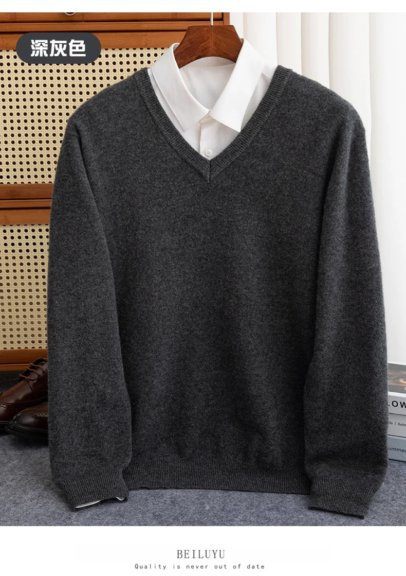 Men Merino Wool Sweater V-Neck Pullover Autumn Winter Cashmere in USA