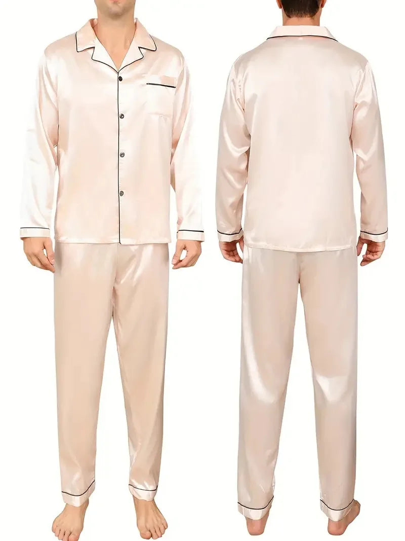 Large Size Solid Long-Sleeved Pyjamas Men Autumn Winter Silk in USA