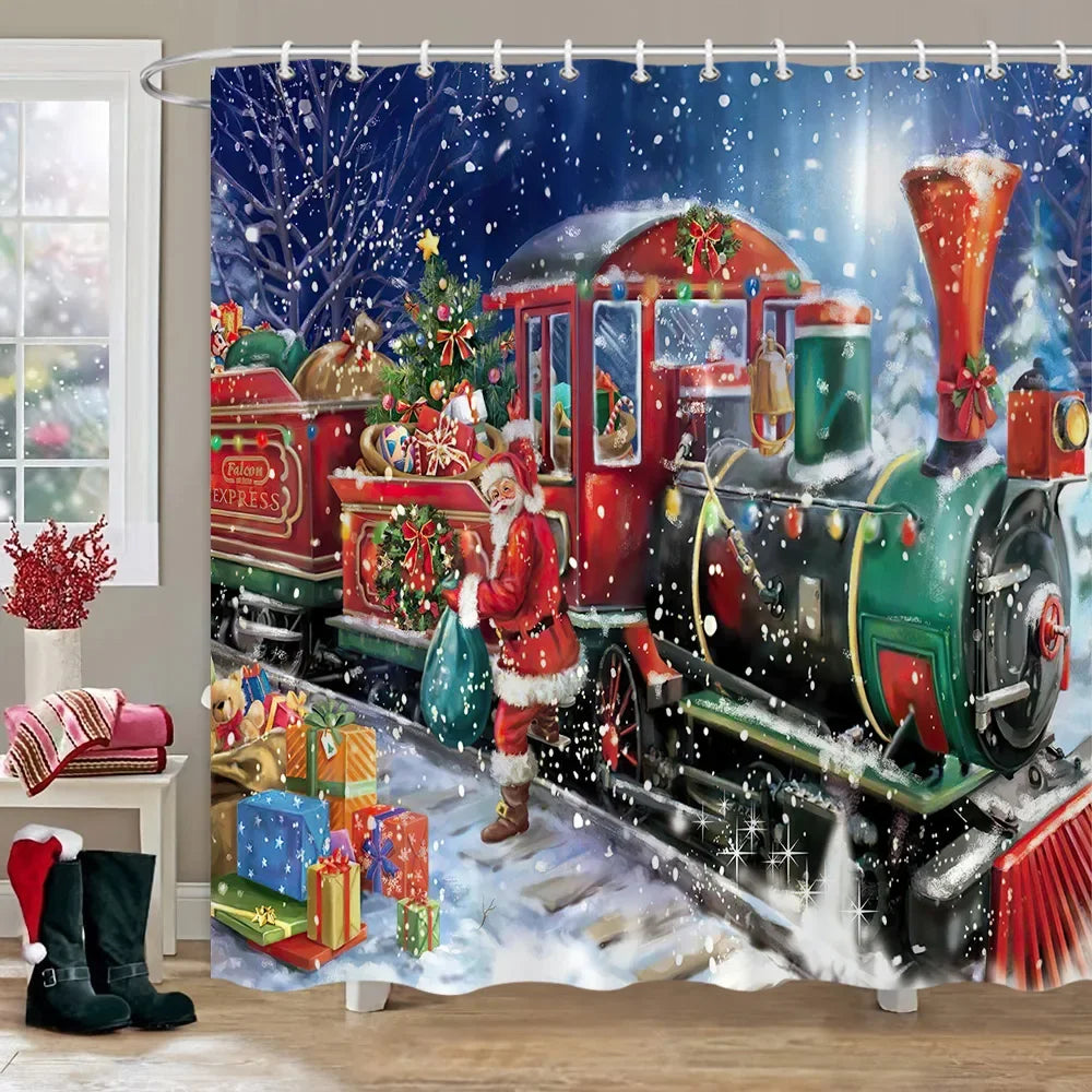 Christmas Bathroom Sets with Shower Curtain Rugs Red Truck in USA.