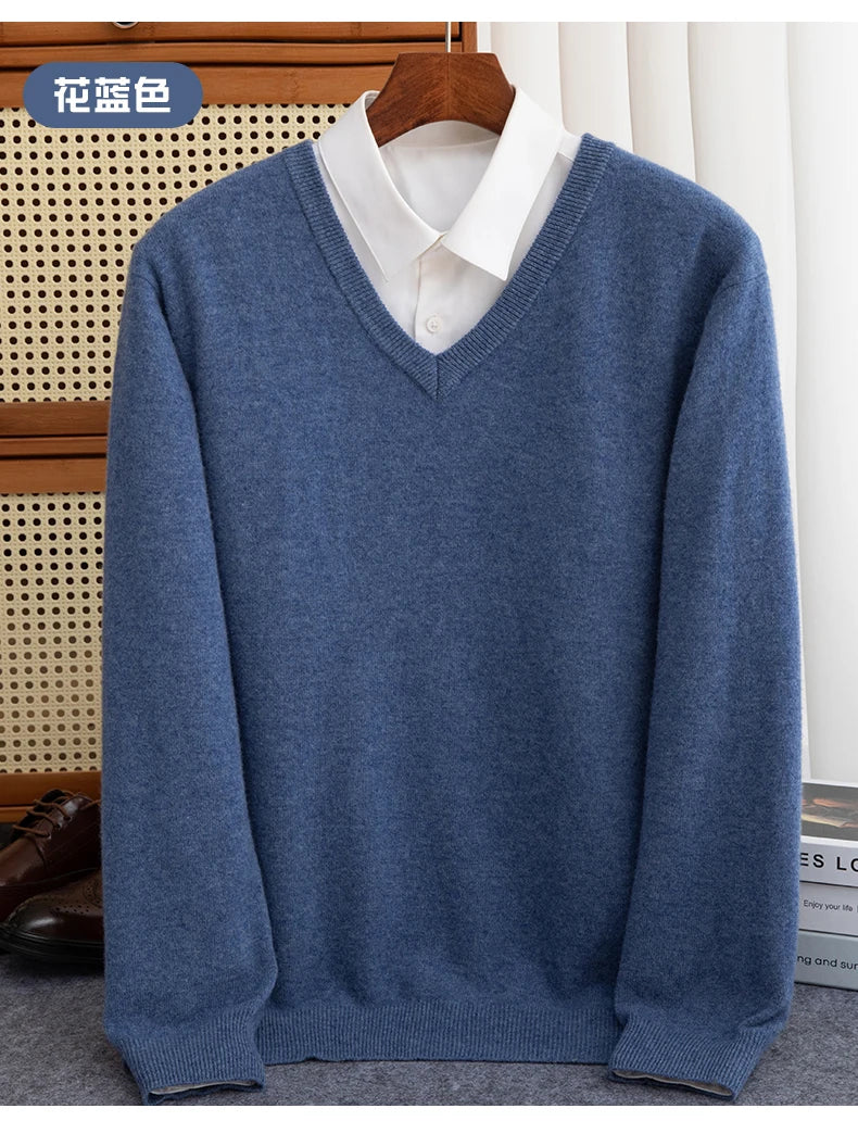 Men Merino Wool Sweater V-Neck Pullover Autumn Winter Cashmere in USA