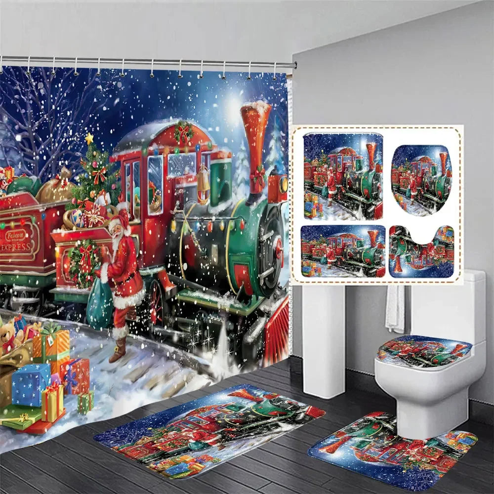 Christmas Bathroom Sets with Shower Curtain Rugs Red Truck in USA.