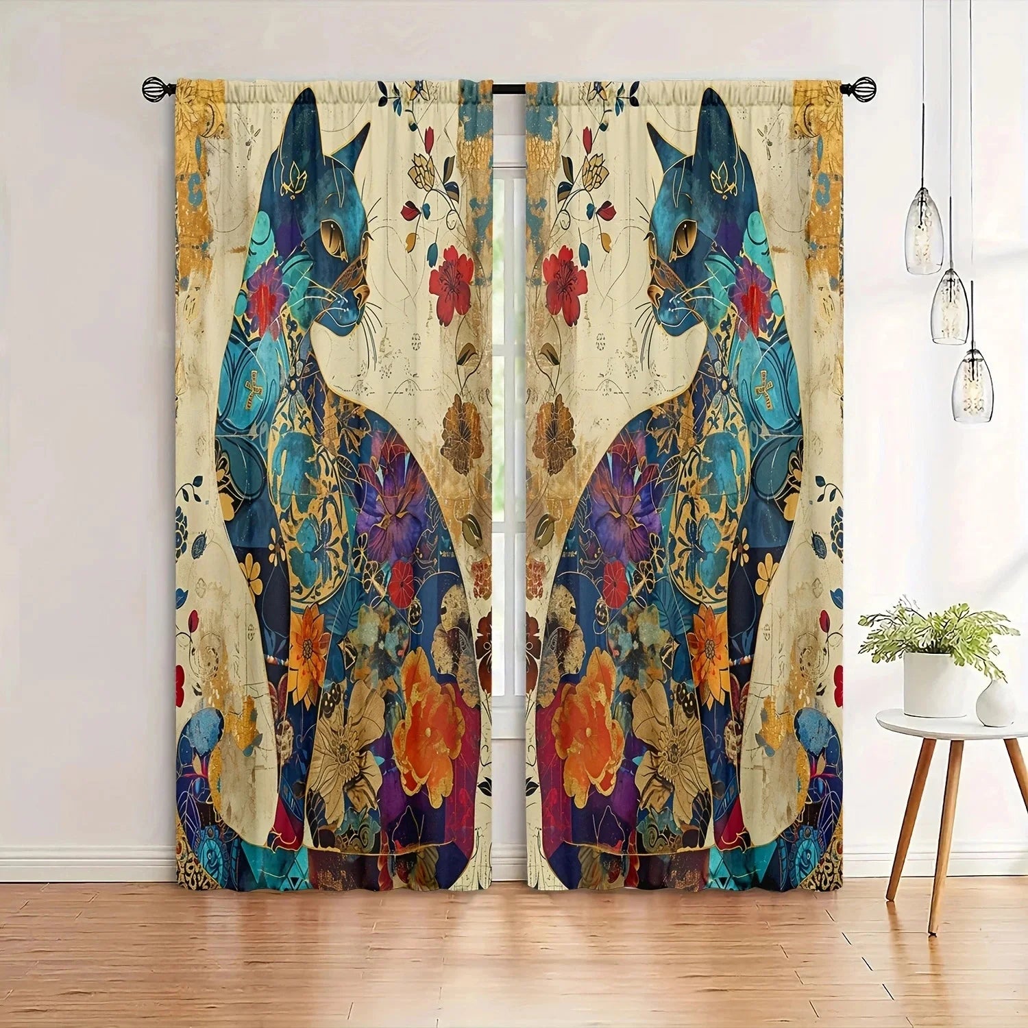 Artistic Cat Print Printed Curtain for Home Decor - Rod Pocket Window in USA