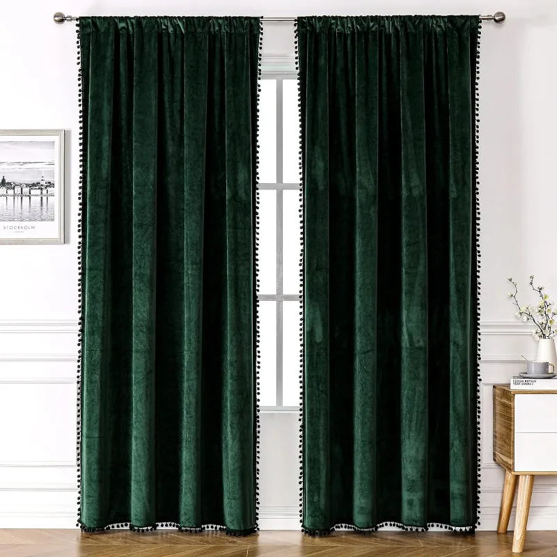 Pom Velvet Curtains for Bedroom, Blackout Curtains in USA