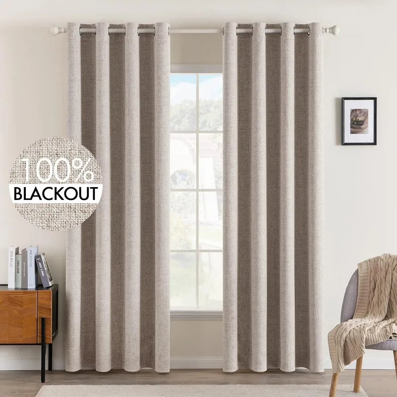 Blackout Linen Textured Curtains for Bedroom Solid Thermal Insulated G