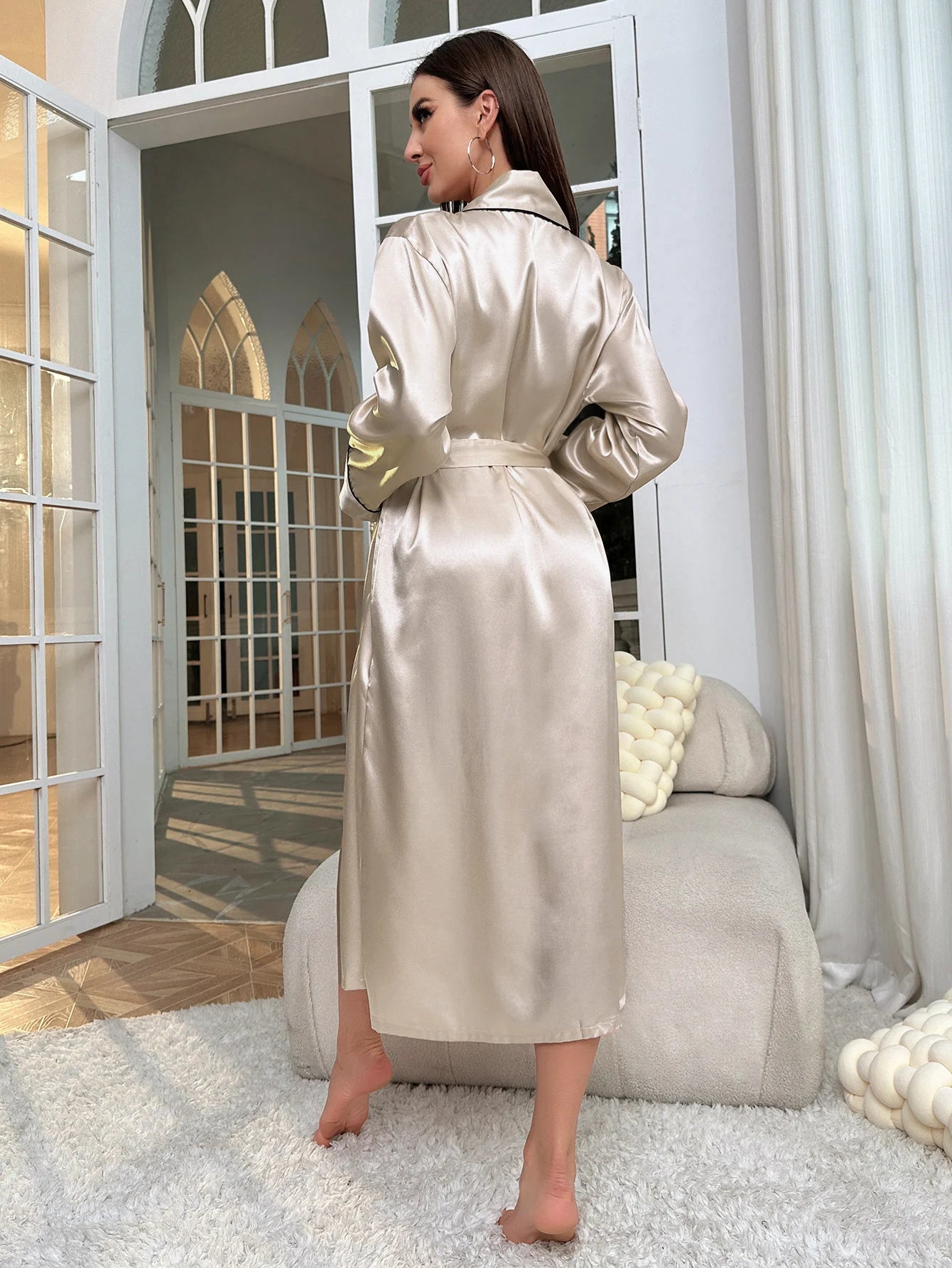 Robe Long Sleeve V Neck Robe Belt Women's Sleepwear in USA