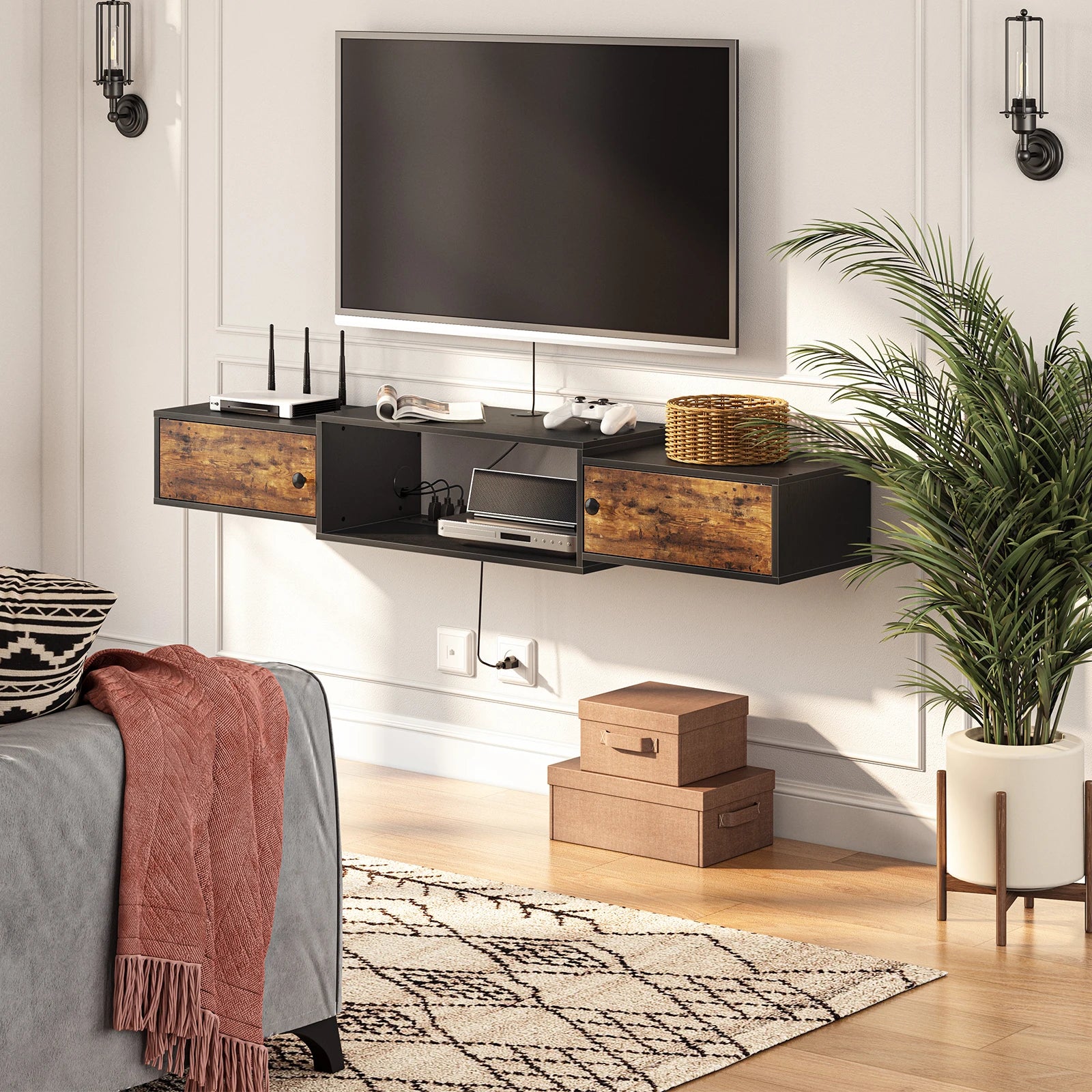 Floating TV Stand Power Outlet Modern Wall Mounted IN USA.