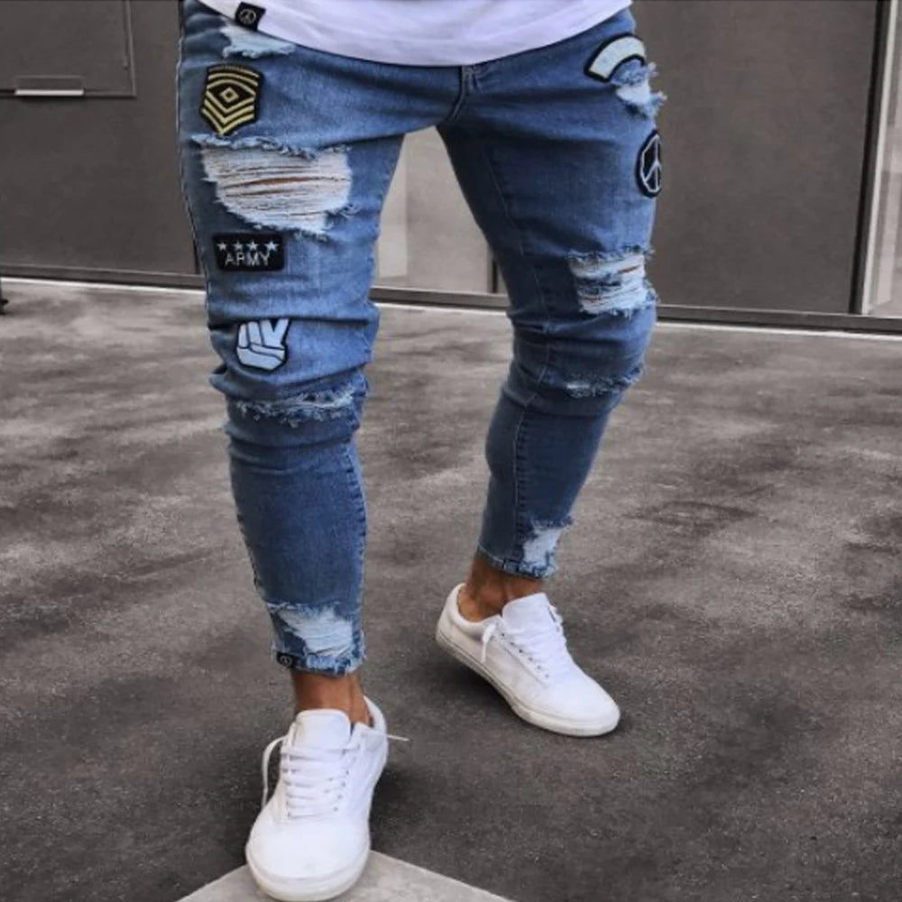 White Embroidery Skinny Ripped Jeans Men Cotton in USA