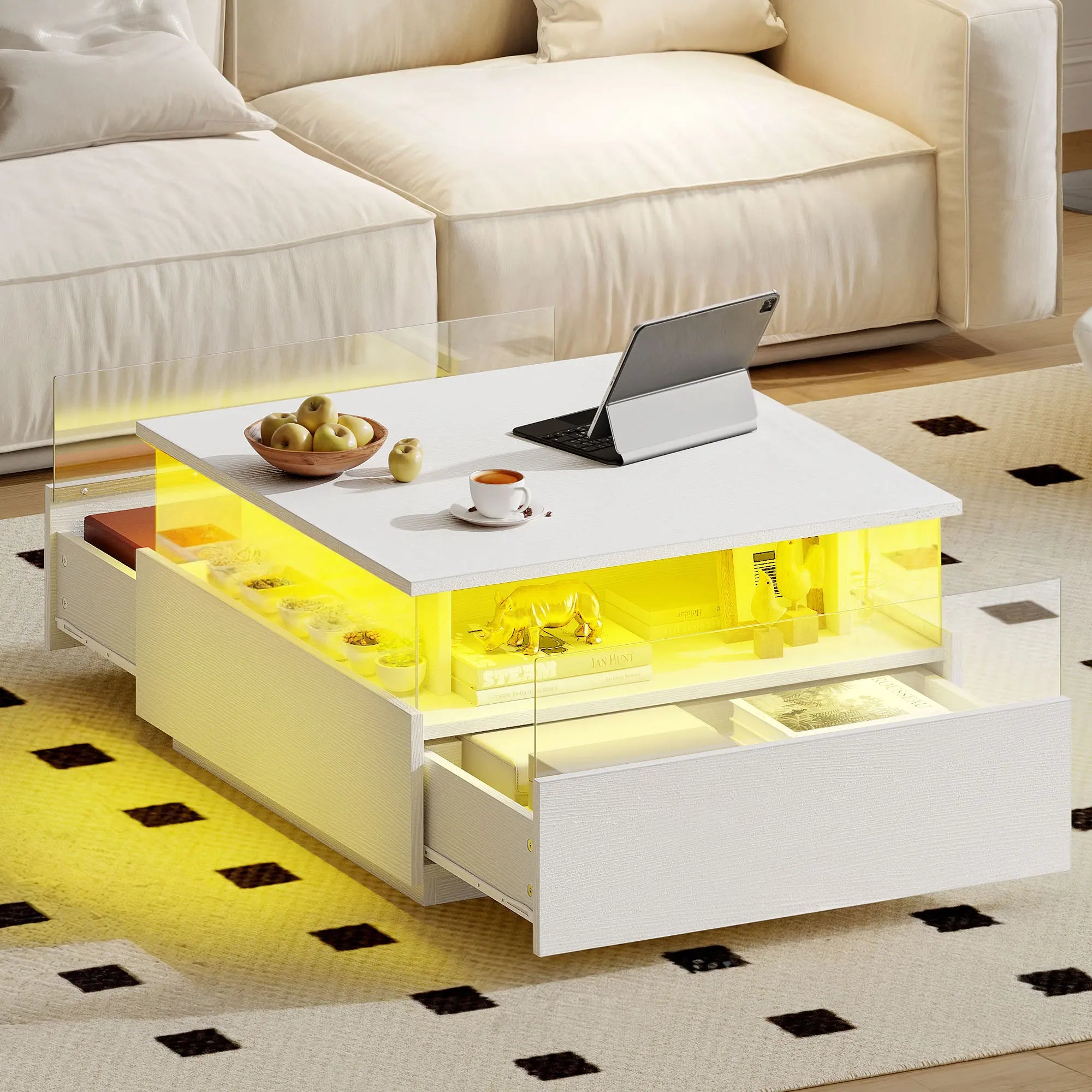 Square LED Coffee Table Drawers Acrylic Living Room IN USA.