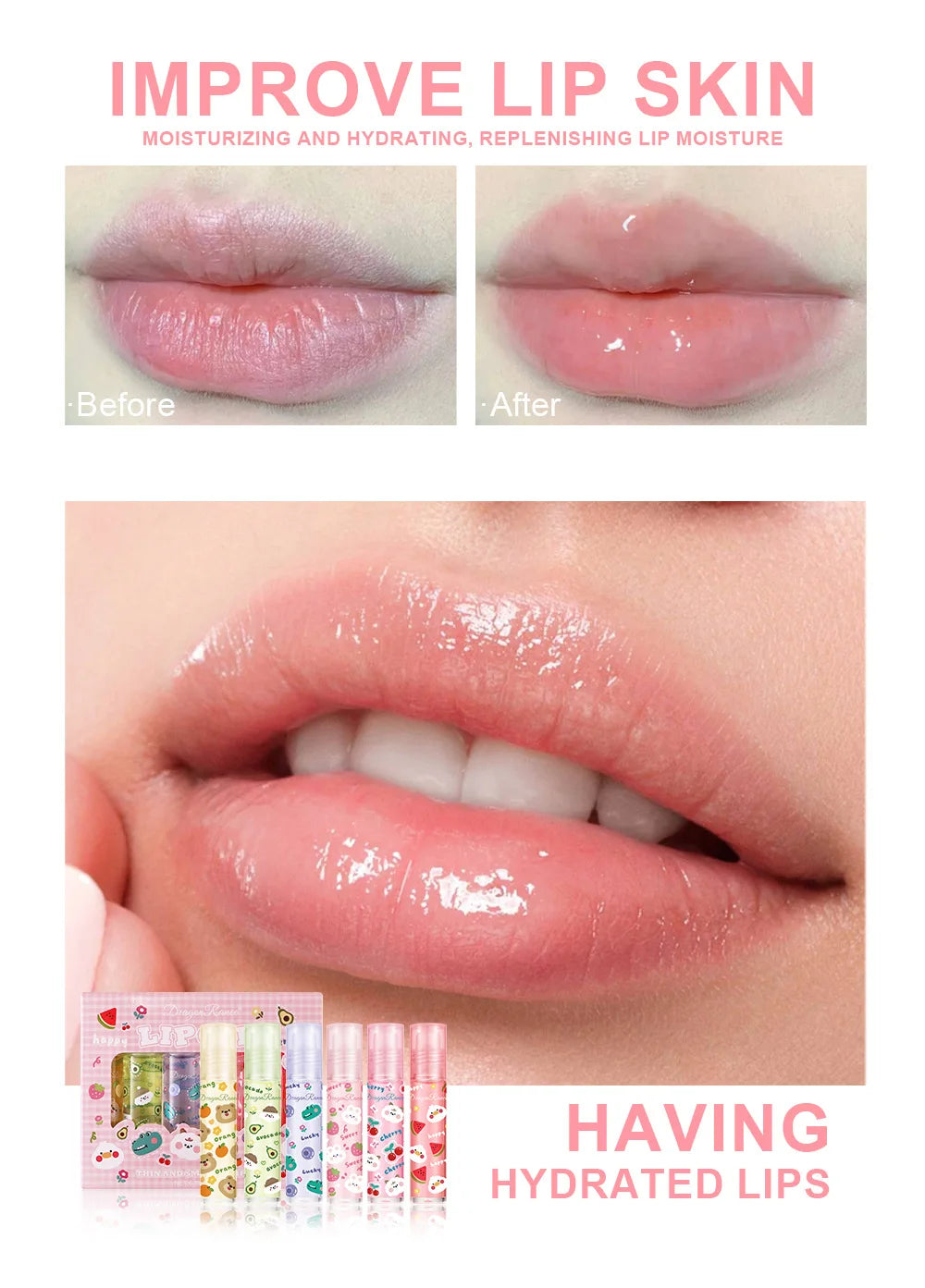 Cute Fruit Cartoon Lip Gloss Set Transparent Colourless Lip in USA