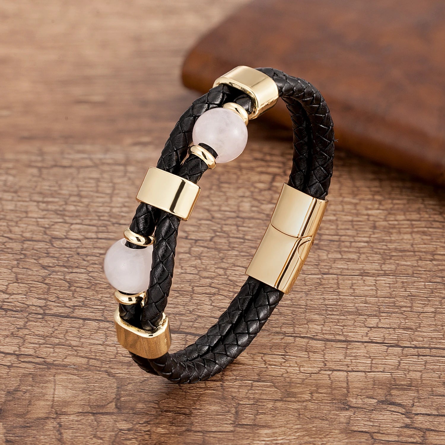 Round Stone Beads Genuine Leather Bracelet Men Stainless in USA