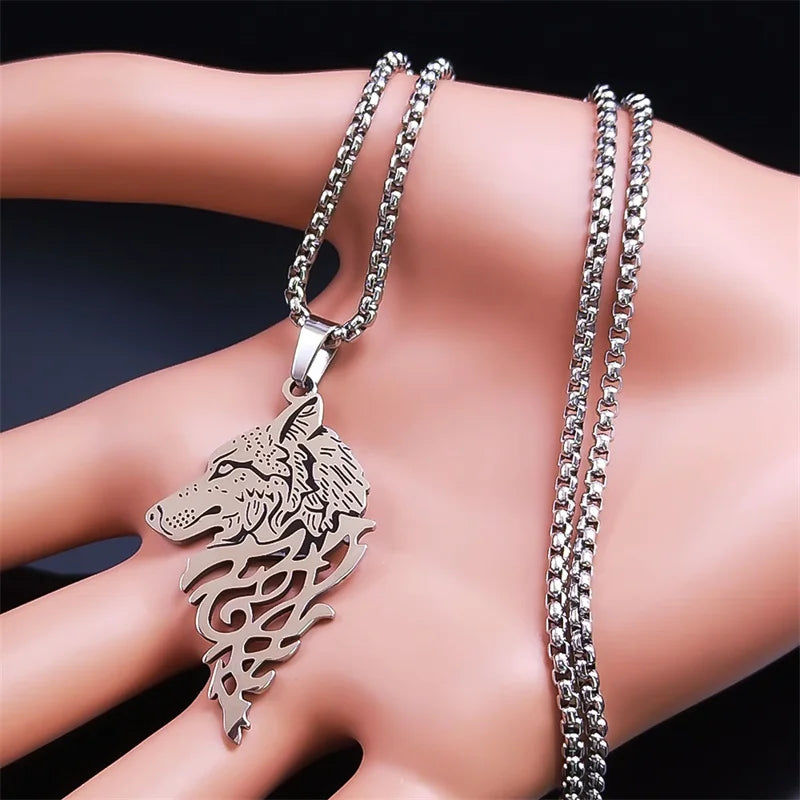 Viking Wolf Head Pendant Necklace Stainless Steel in USA