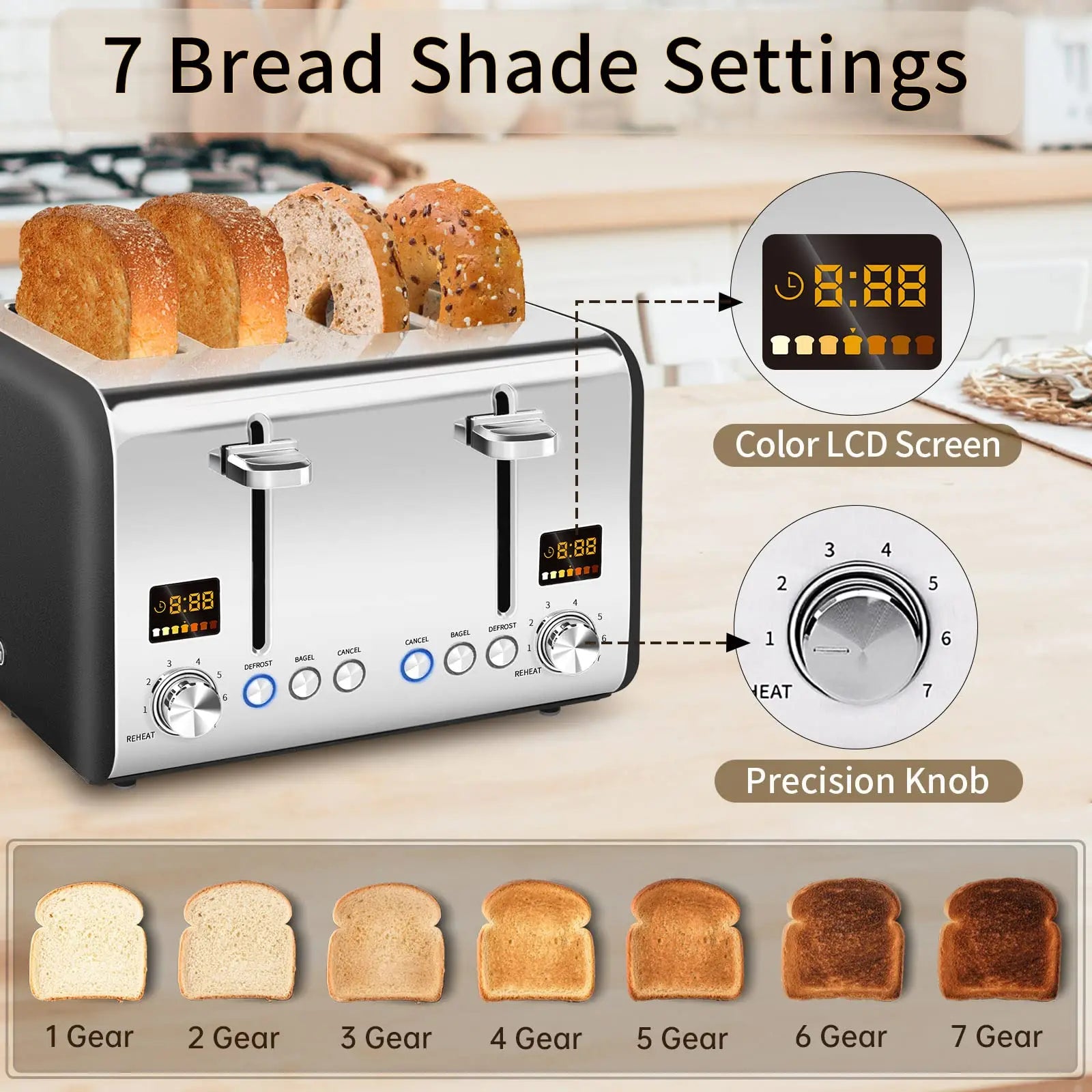 Toaster,Stainless,Smart Control, Bread Shade Settings, IN USA.