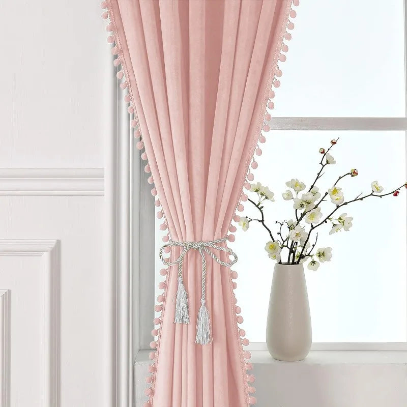 Pom Velvet Curtains for Bedroom, Blackout Curtains in USA