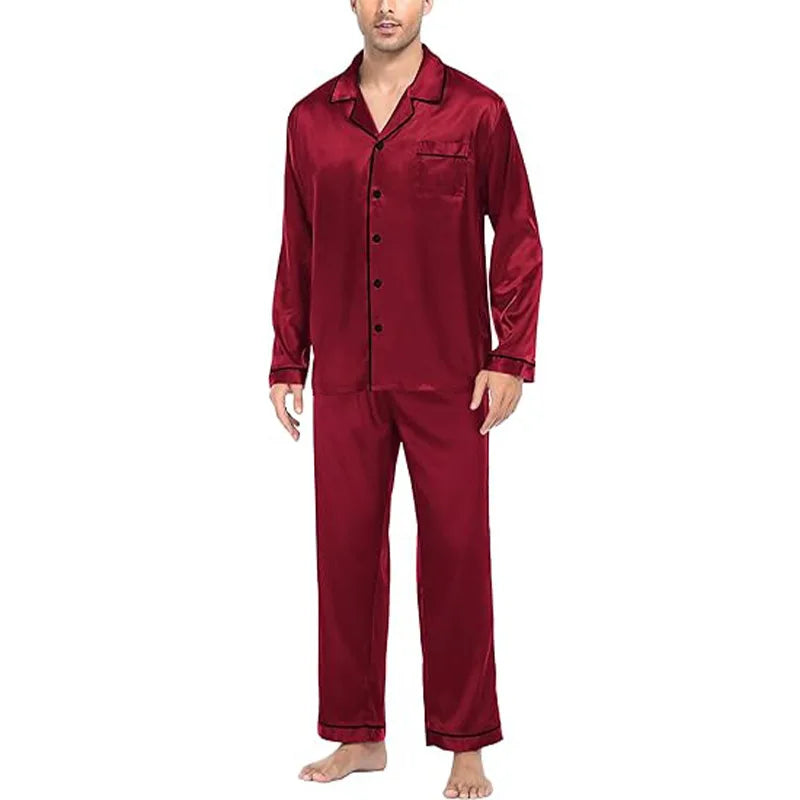 Large Size Solid Long-Sleeved Pyjamas Men Autumn Winter Silk in USA