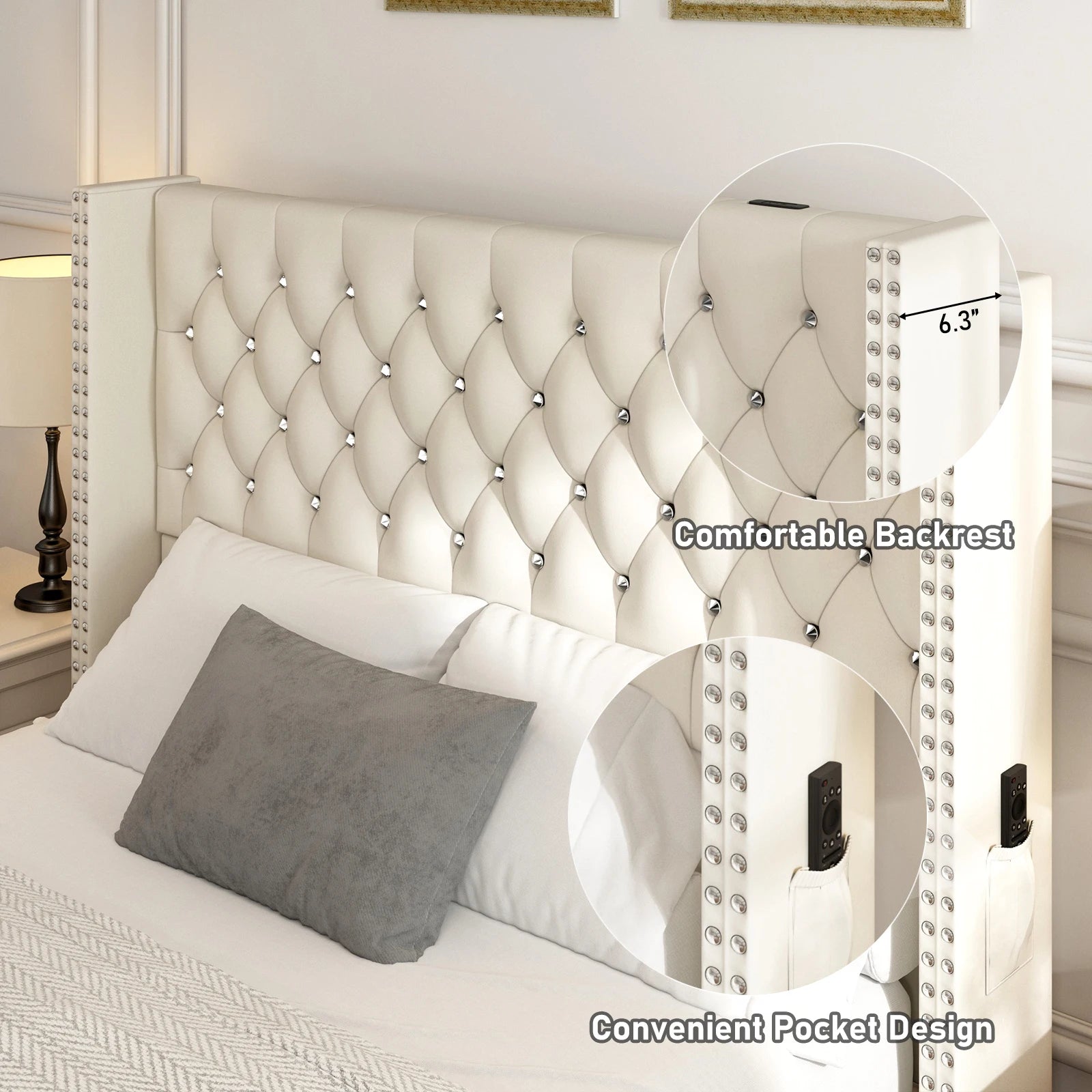 Queen LED Upholstered Bed Frame Wingback Headboard, IN USA.