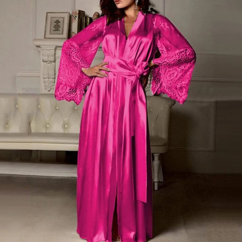 Female Lace Patchwork Long Bathrobes Nightgown Soft in USA