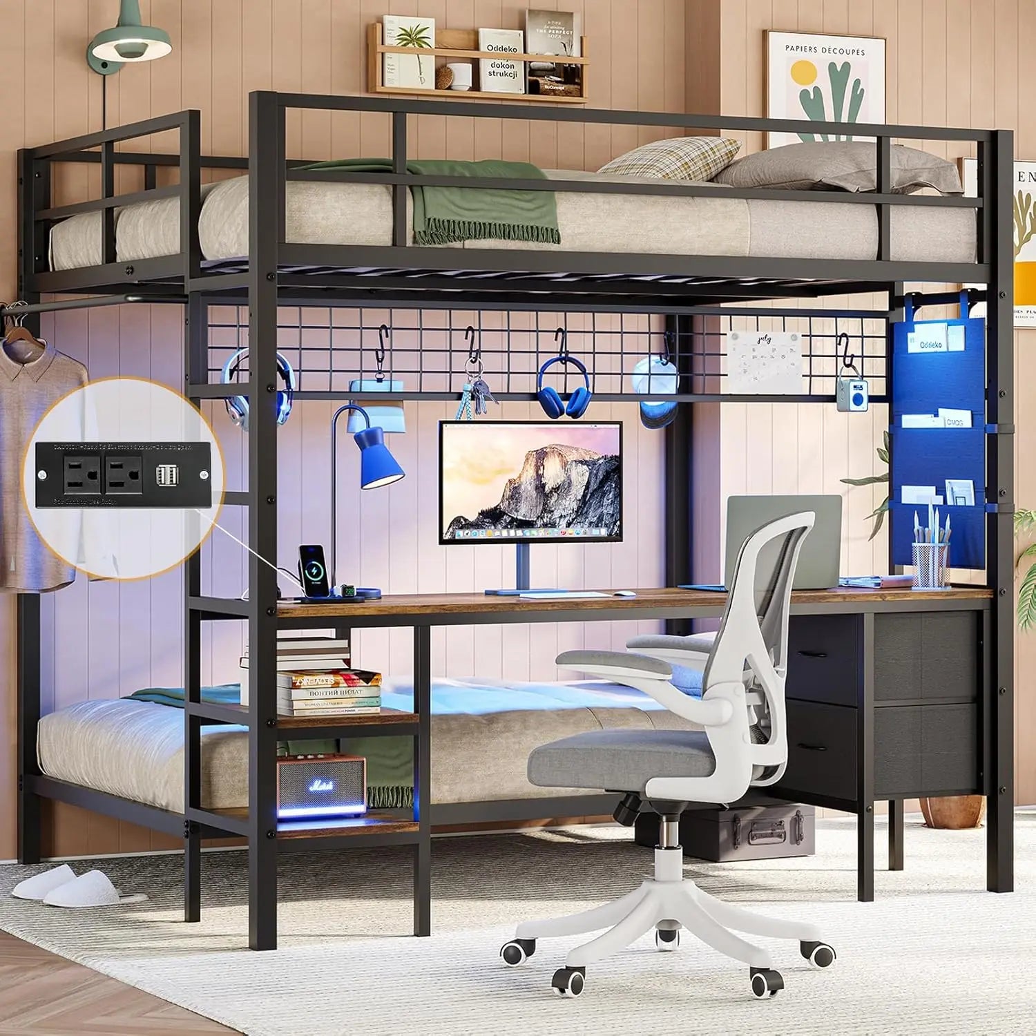 Twin Bunk Bed with Desk and Charging Station Metal