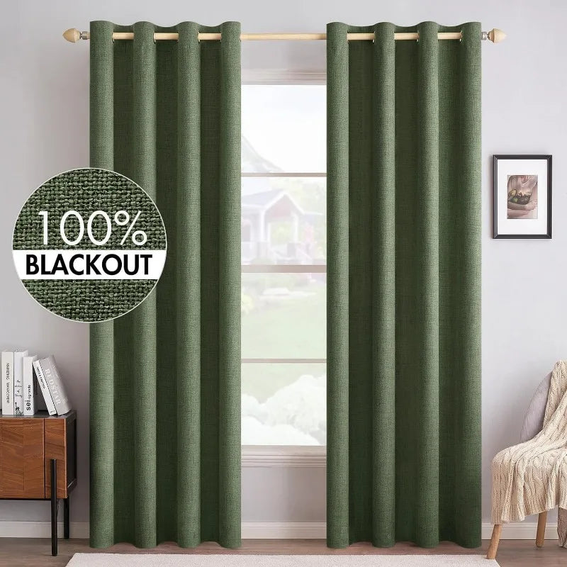 Blackout Linen Textured Curtains for Bedroom Solid Thermal Insulated G