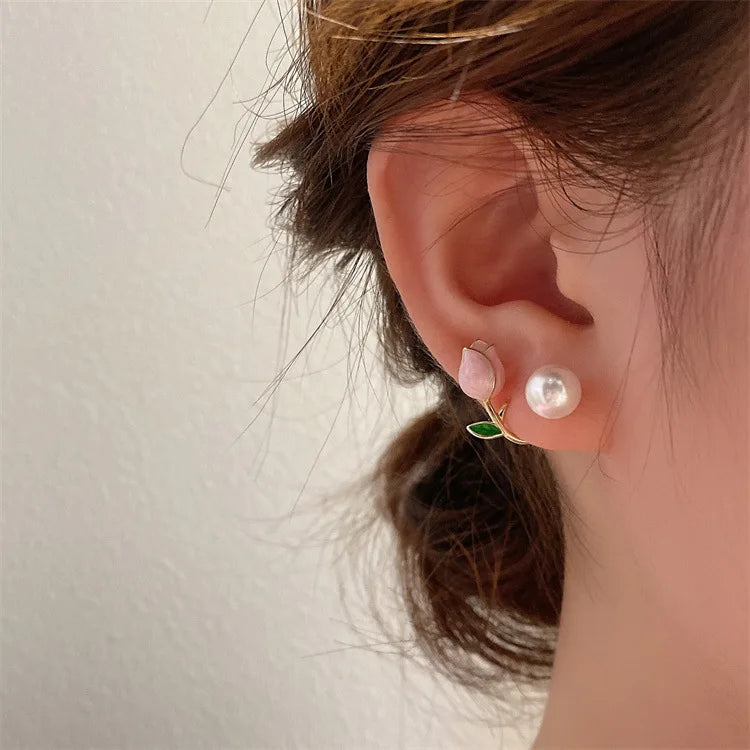 Sweet Fashion Enamel Pearl Tulip Flower Stud Earrings Women in USA