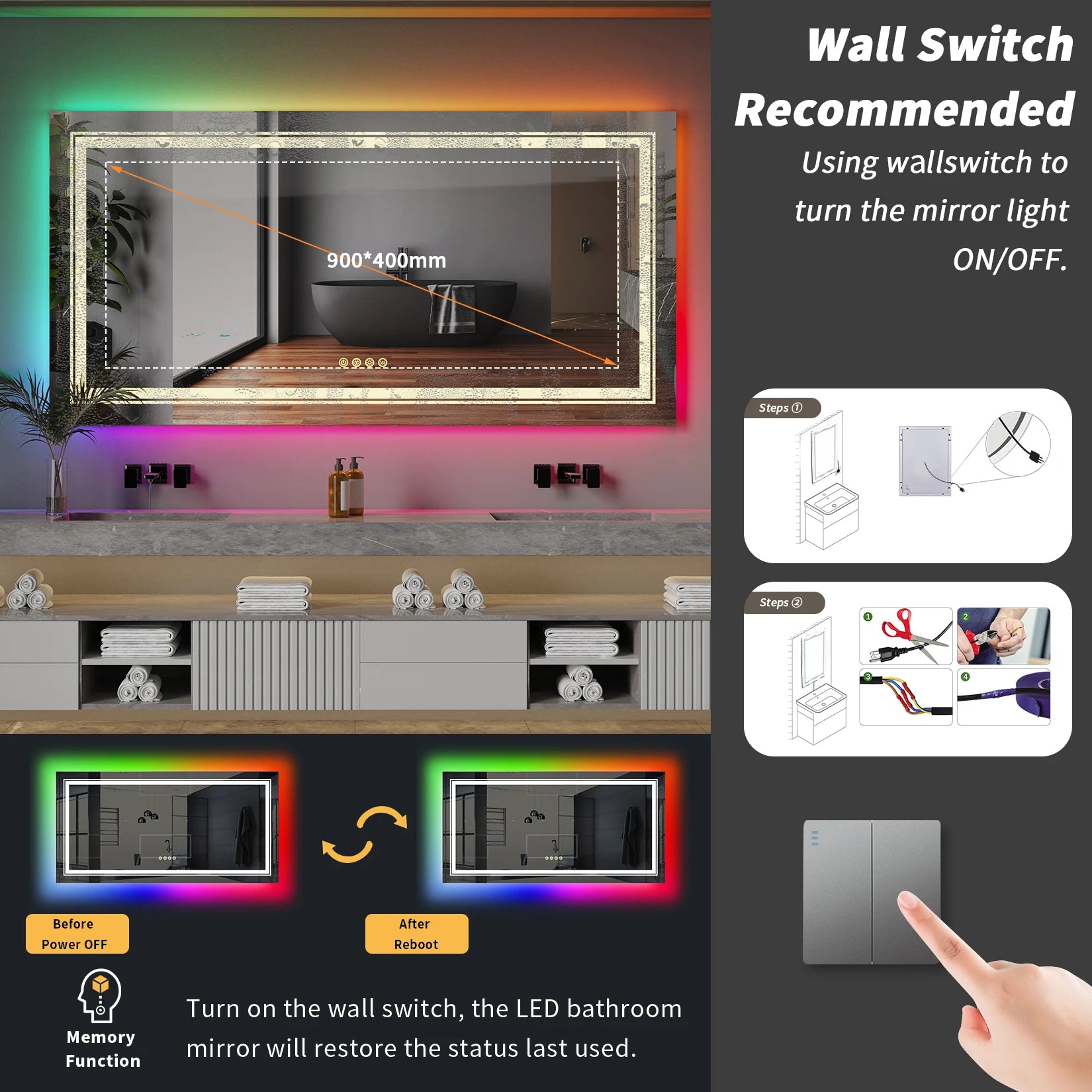 RGB LED Bathroom Mirror with Lights Vanity Wall Mirrors