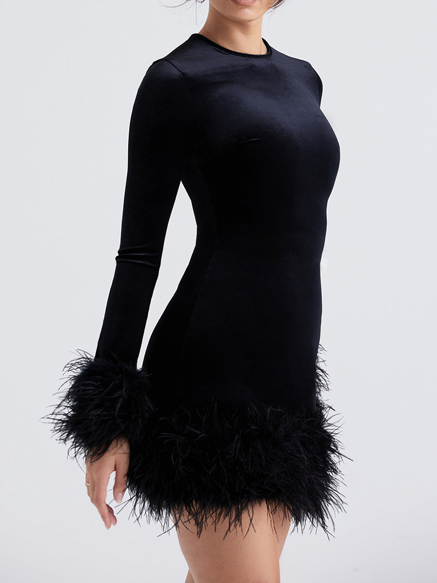 Women Black Feather Long Sleeve Bodycon Dress Sexy IN USA.