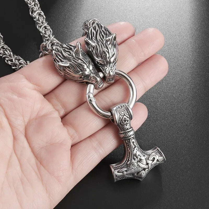 Nordic Necklace Double Wolf Head Thor's Hammer in USA