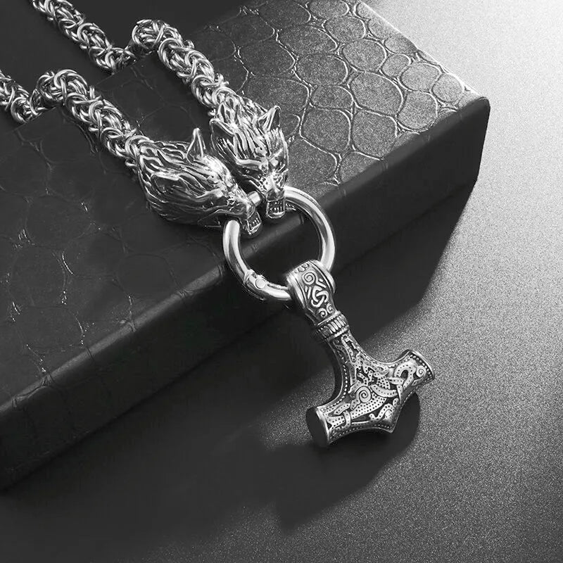 Nordic Necklace Double Wolf Head Thor's Hammer in USA