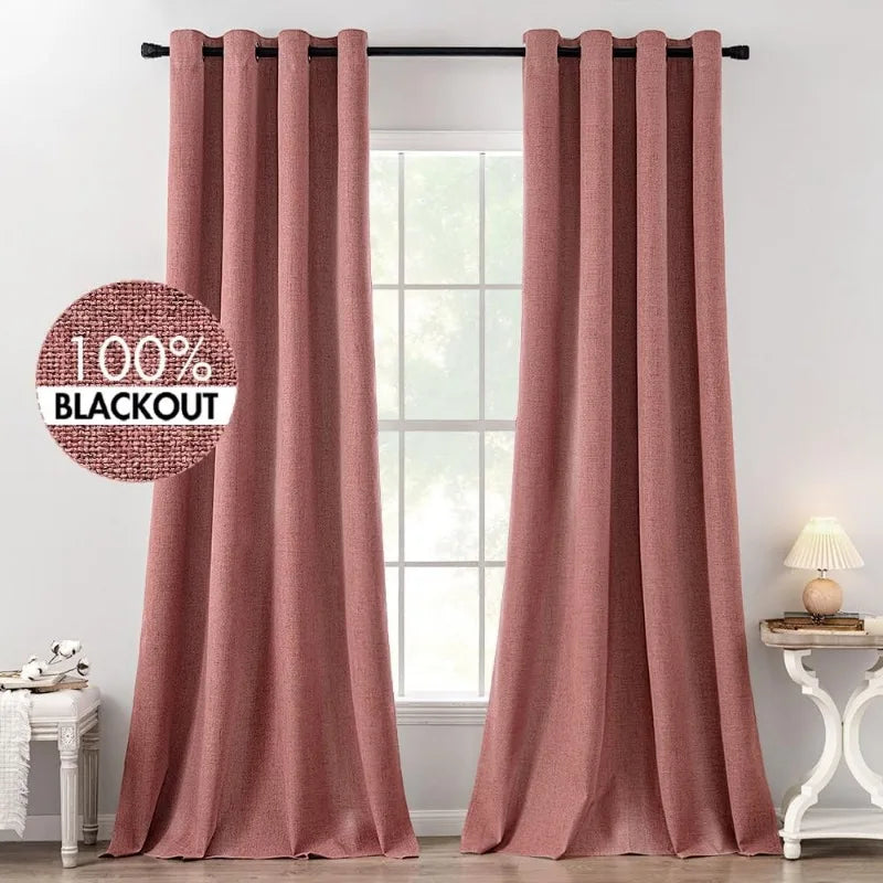 Blackout Linen Textured Curtains for Bedroom Solid Thermal Insulated G