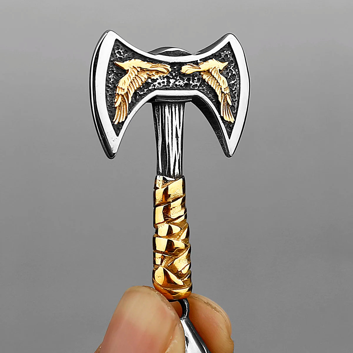 Viking Odin Raven Double Axe Necklace Mixed Gold Color Stainless Steel