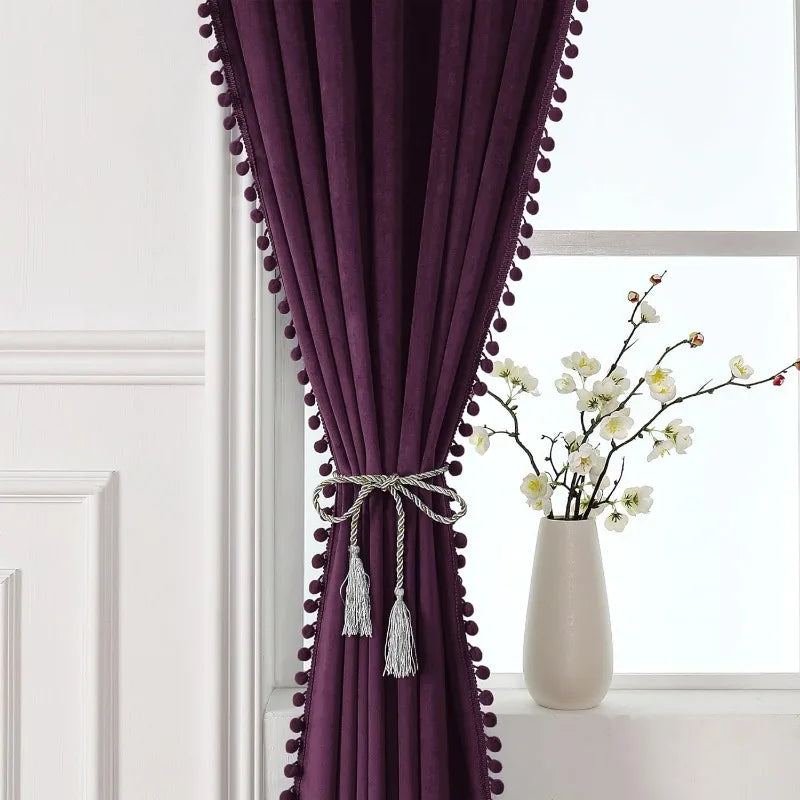 Pom Velvet Curtains for Bedroom, Blackout Curtains in USA