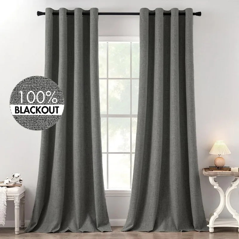 Blackout Linen Textured Curtains for Bedroom Solid Thermal Insulated G