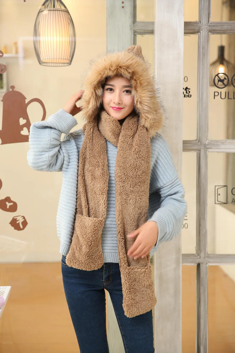 Women's Thick Plush Hat Scarf Gloves Set, Warm Cap, in USA