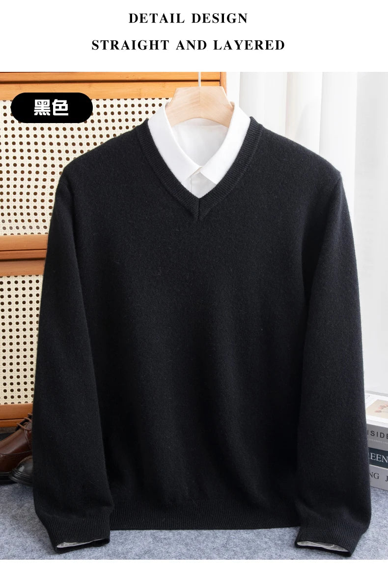 Men Merino Wool Sweater V-Neck Pullover Autumn Winter Cashmere in USA