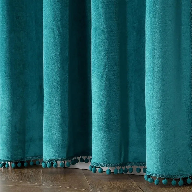 Pom Velvet Curtains for Bedroom, Blackout Curtains in USA