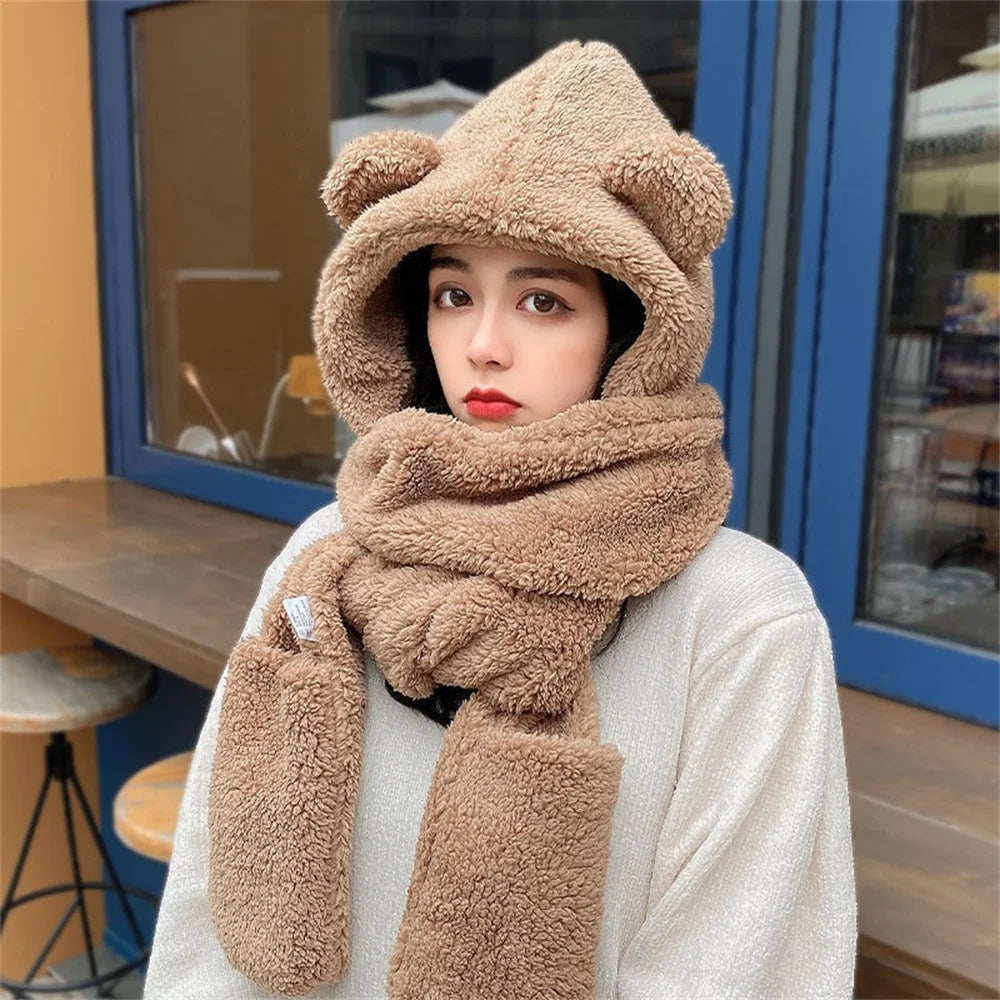 Winter Lamb Wool Cute Bear Ear Hat Scarf Gloves Set Women Caps in USA