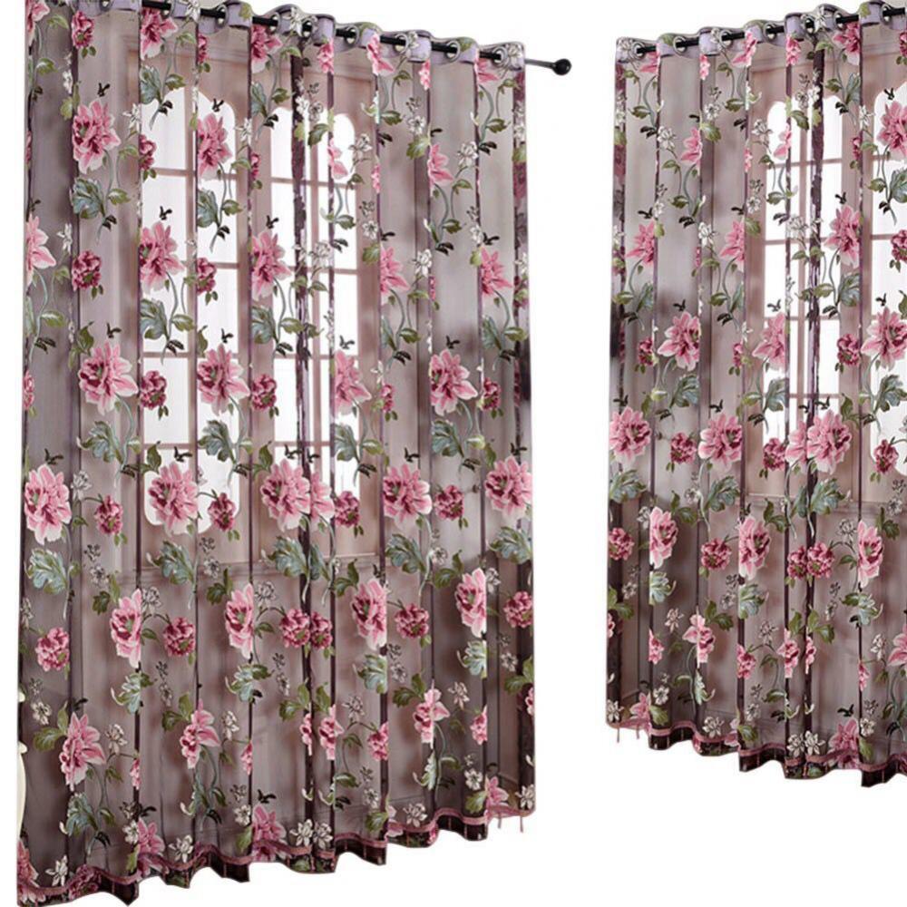 New Door Blinds Window Peony Printed Transparent Tulle Curtain IN USA.