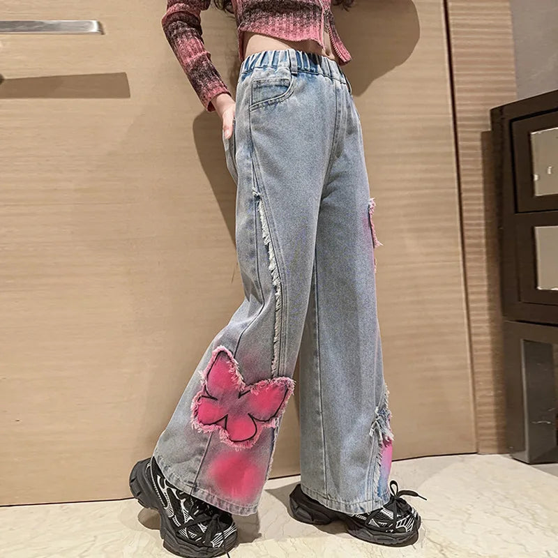 Girls High Waist Korea Style Long Jeans Teens Trousers in USA