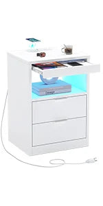 Nightstand White, Bedroom End Side Table LED Lights IN USA.