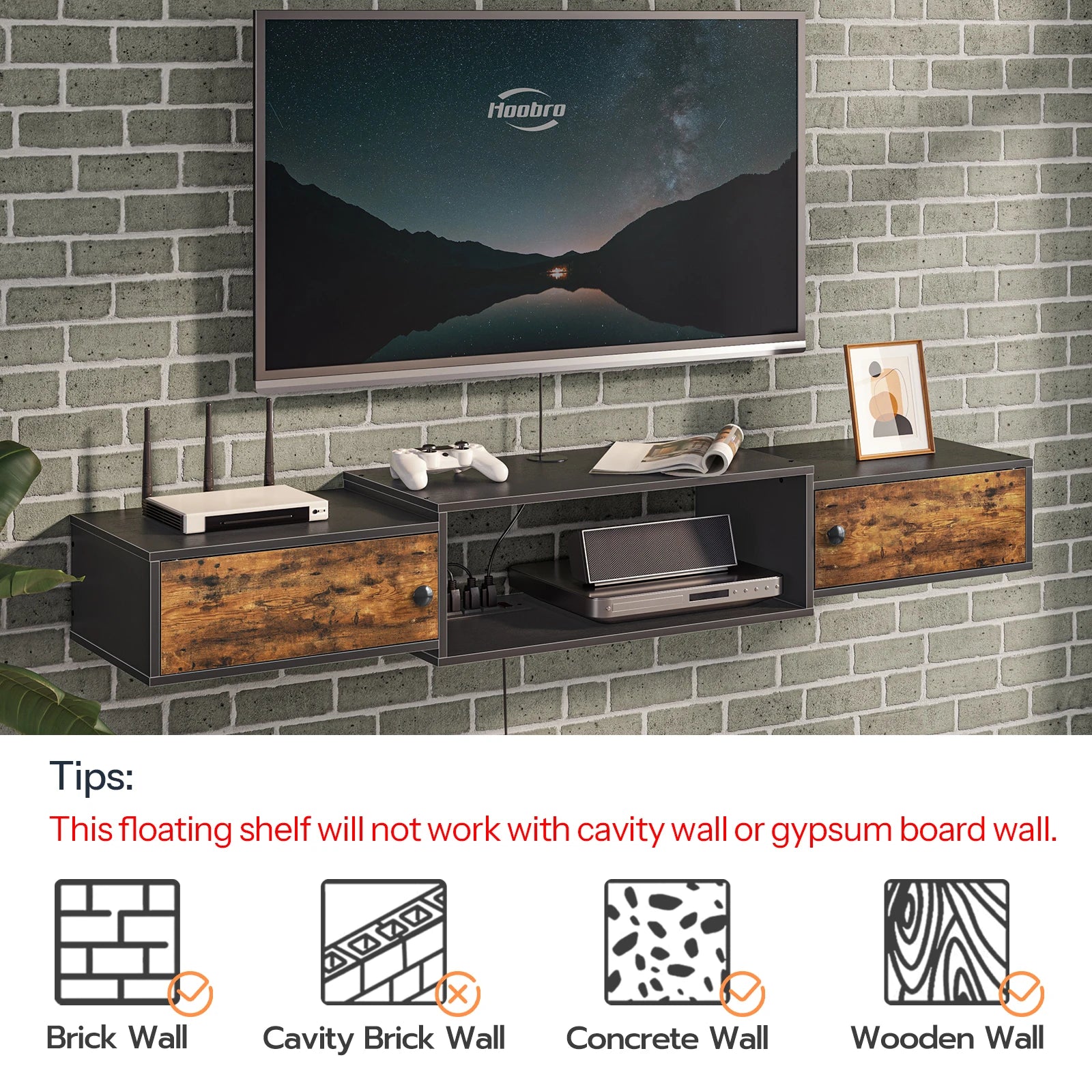 Floating TV Stand Power Outlet Modern Wall Mounted IN USA.