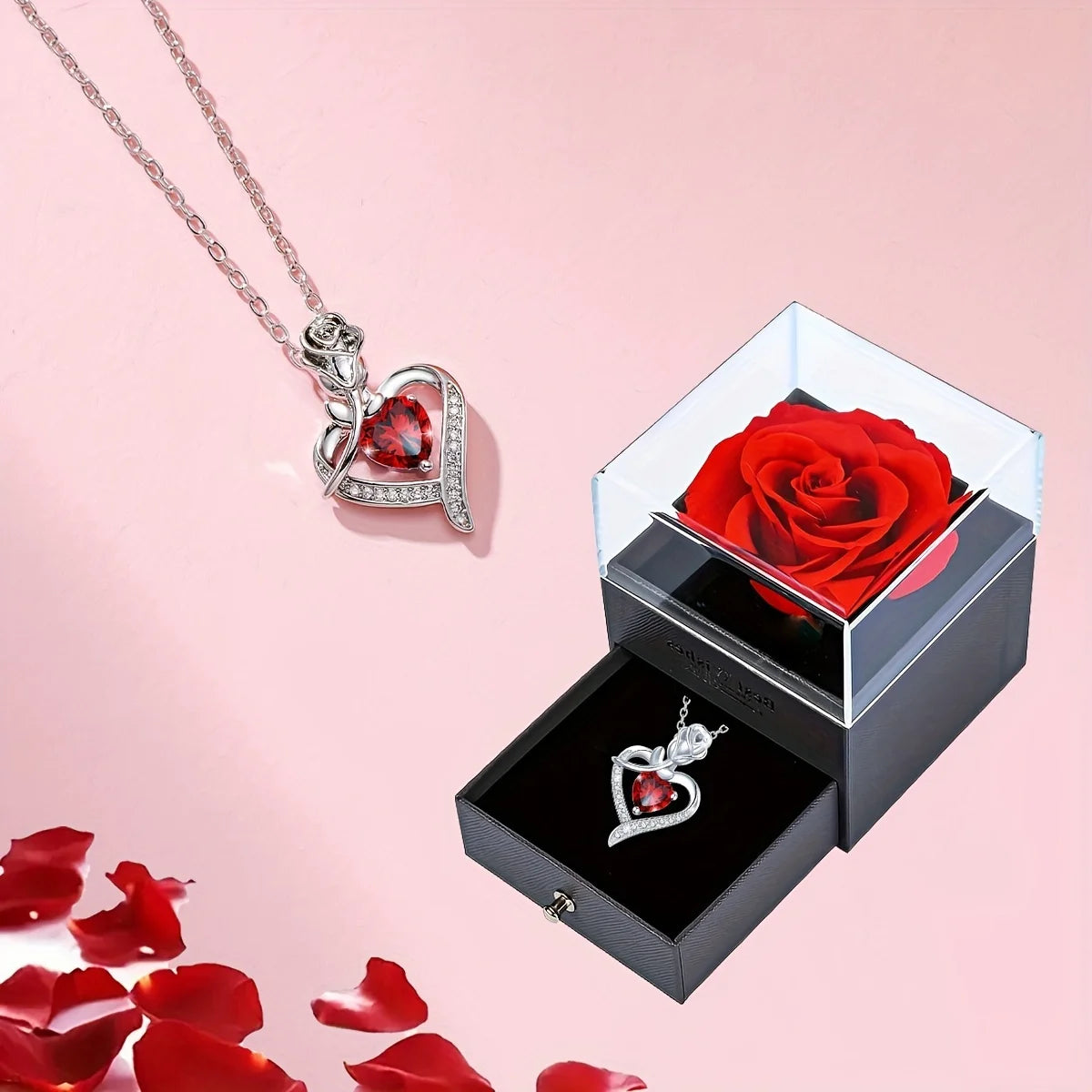 Luxury Red Zircon Heart Necklace Rose Gift Box in USA