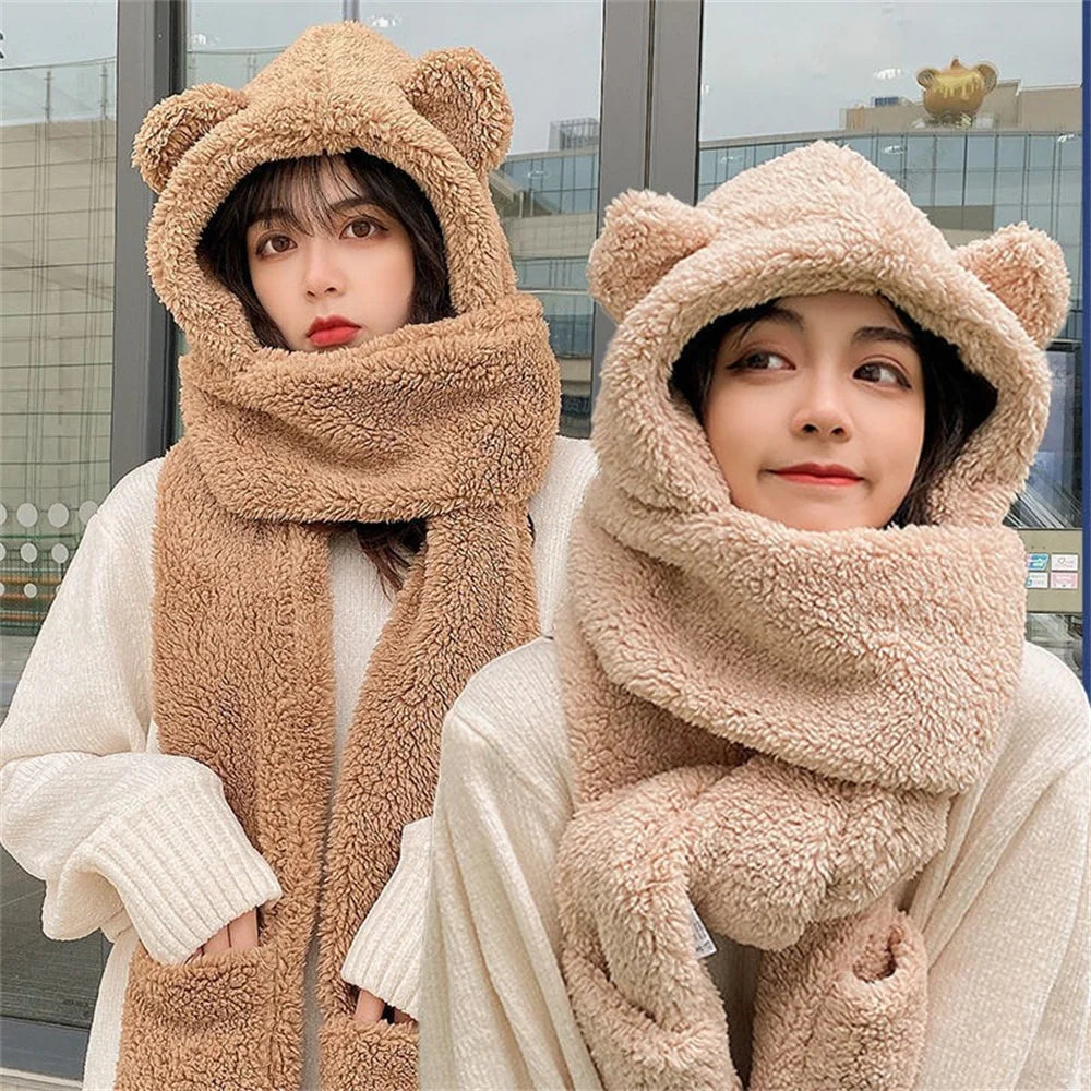 Winter Lamb Wool Cute Bear Ear Hat Scarf Gloves Set Women Caps in USA