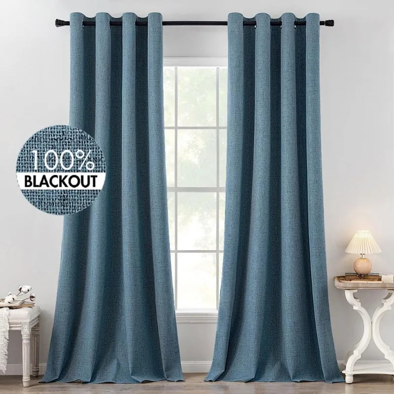 Blackout Linen Textured Curtains for Bedroom Solid Thermal Insulated G